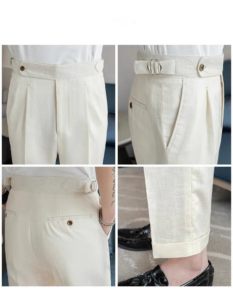 High Quality Summer Suit Pants Men Thin Cotton Linen Breathable Smart Casual Trousers Mens Solid Straight Dress Pants 90% Linen