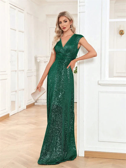 Vestido de Noite Sereia Feminino Elegante Decote V Longo Formal Azul para Formatura Festa com Lantejoulas Sem Mangas Vestidos