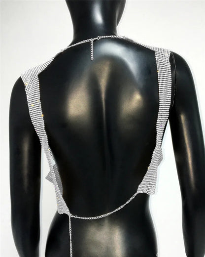 Shiny Rhinestone Sequins Crop Top Sexy Backless Round Neck Metal Tank Top For Women 2024 Fashion Nightclub Party Camisole