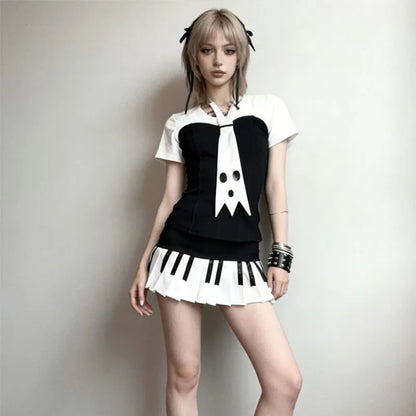 Spring Women Piano Skirt Black White Contrast Pleated Mini Skirt Y2K Harajuku Empire Waist Slim Short Skirt Streetwear