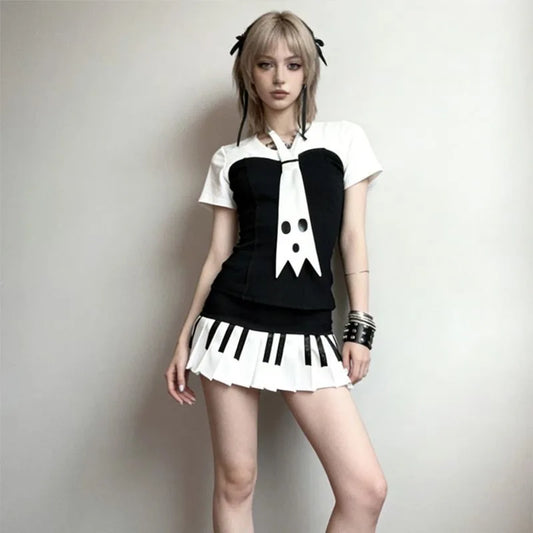 Spring Women Piano Skirt Black White Contrast Pleated Mini Skirt Y2K Harajuku Empire Waist Slim Short Skirt Streetwear