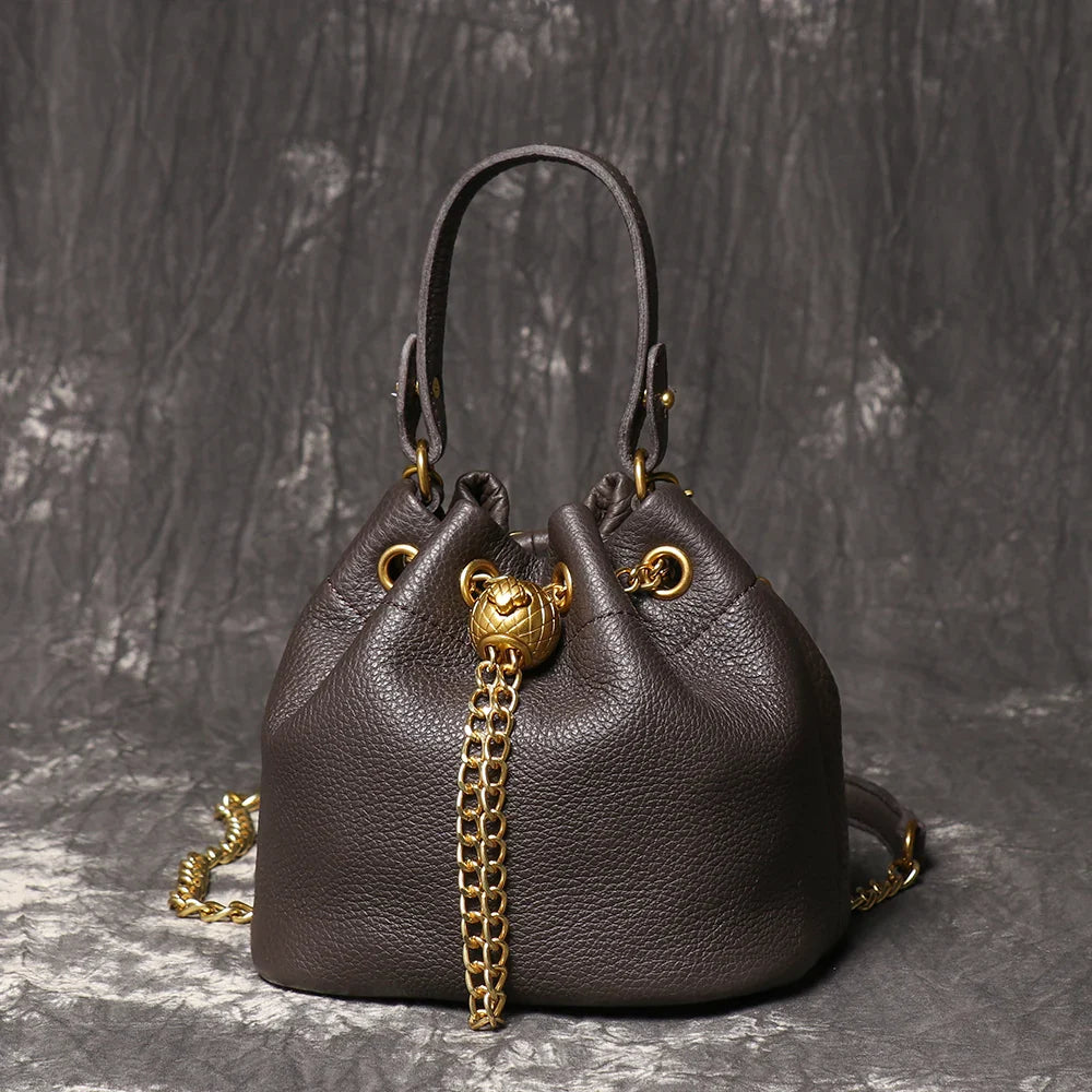 Metal Drawstring Versatile Women's Handbag Genuine Leather Chain Crossbody Bag Vintage Bucket Bag Mobile Phone Bag