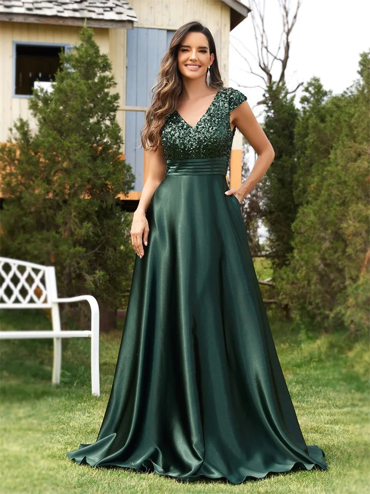 Elegant V-Neck Green Pleats Sequins Evening Dresses Long Luxury Women Satin Sleeveless Wedding Party Cocktail Gowns