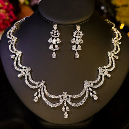 High Quality Two-layer Wavy Necklace Light Luxe Zircon Jewelry Set Bride Wedding Dress Accessories  Ornaments Girlfriend's Gift