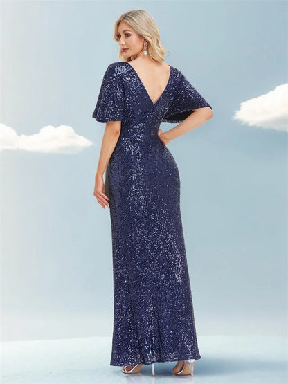 Women Elegant V-neck Luxury Evening Dress Sexy Sequin Mermaid Dress Floor Lenght Prom Blue Party Dress vestido