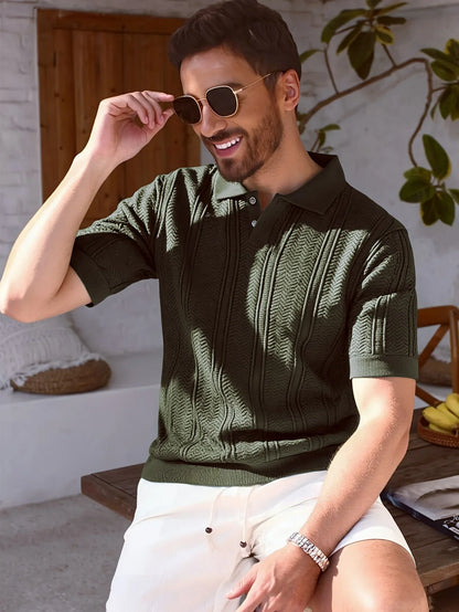 New 2026 Knitted Polo Shirt - Twisted Knit Texture Men's Summer Casual Collar Short Sleeve Buttoned Solid Color Hooded Knitted T