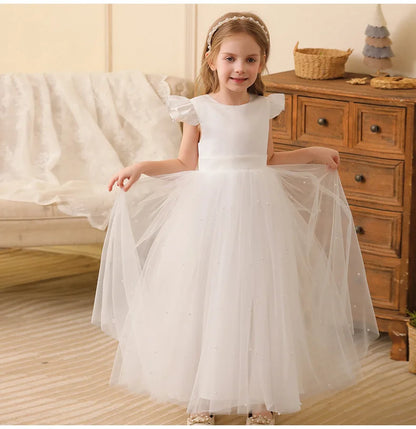 Summer Girl Flower Birthday Tulle Dress Backless Bow Wedding Gown Piano Kids Party Wear Princess Dress Baby Girl Bowknot Dresses