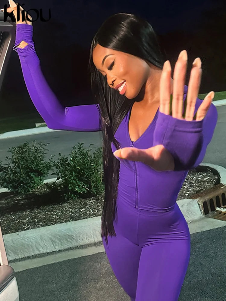 Casual Women 2 Piece Set Classic Tracksuits Solid Long Sleeve Zip-up Hood Tops+Slim Elastic Pants Sporty Concise Outfits