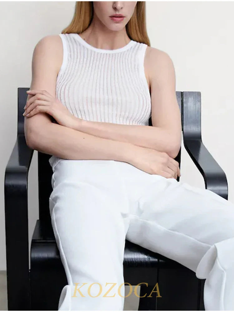 100% Wool Chic Solid Tanks Elegant Striped See Through Hollow Out Women Tops Sleeveless Elastic Tops Club Party Clothes