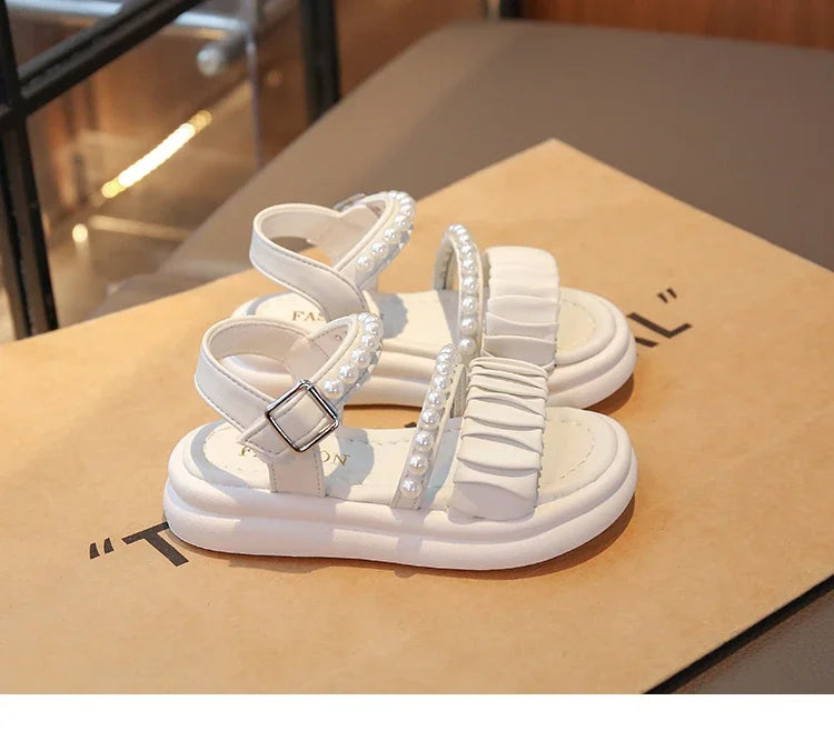 Girls Sandals Pleated Ins Trendy Kids Princess Shoes Beads Sweet Soft Sole 2025 Summer New Children Beach Shoes Open Toes Cute