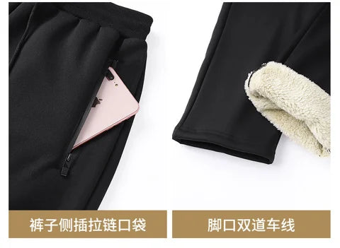 Hooded lambskin medium and elderly large size warm suit with plush thick hoodie jacket+thick pants two-piece set