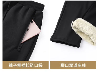 Hooded lambskin medium and elderly large size warm suit with plush thick hoodie jacket+thick pants two-piece set