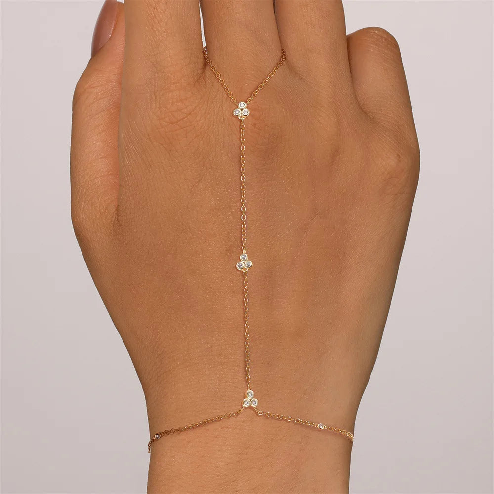 Dainty 5A Zircon Finger Ring Chain Bracelets Flower High Carbon Bracelet for Women Girl Adjustable s925 Silver Jewelry Gift