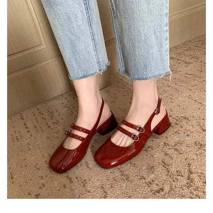 2025 Burgundy Mary Janes Square-Toe Double-Buckle Patent Leather Chunky Heel Shoes with Jean Styling