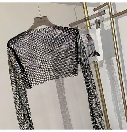 2023 new sexy bright diamond short top Slim thin Ms. hot drill long-sleeved T-shirt sexy leak waist nightclub