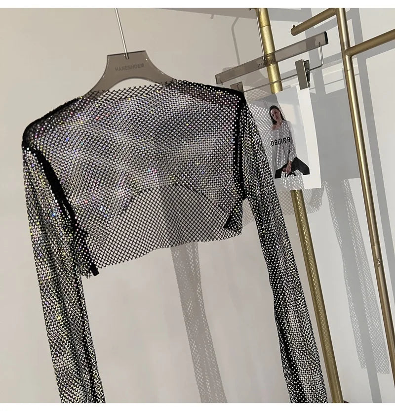new sexy bright diamond short top Slim thin Ms. hot drill long-sleeved T-shirt sexy leak waist nightclub