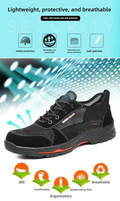 Summer Black Safety Shoes with Steel Toe Lightweight Mesh Ventilation  Puncture-proof Durable Impact-resistant Cool Comfortable