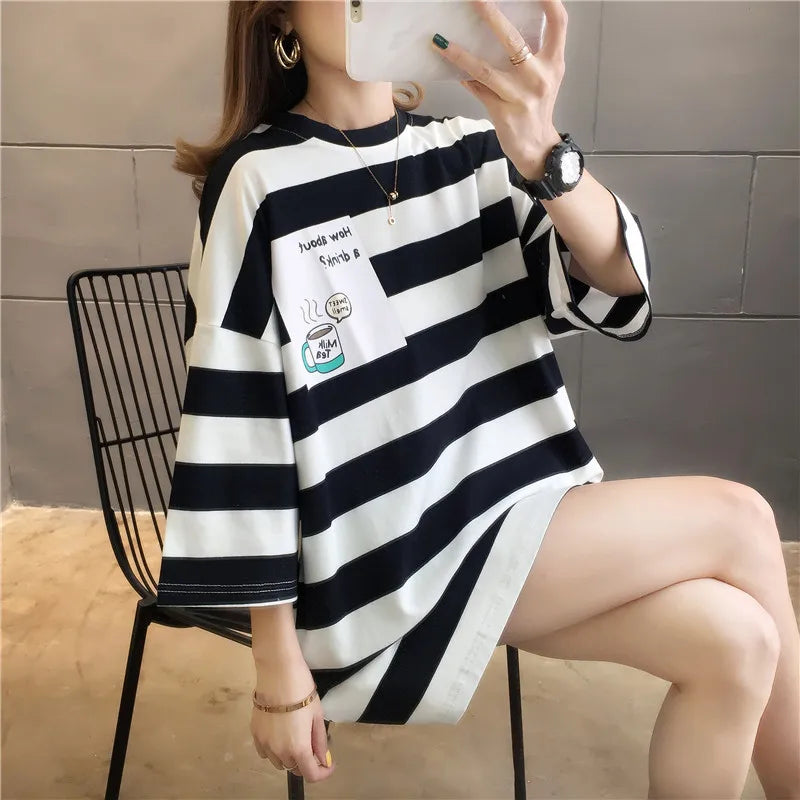Y2K Novo Verão Feminino Blusas de Manga Curta Tees INS Moda Casual Solta Listrada Cropped T-shirt Gola O Algodão Pulôver Feminino T-shirts