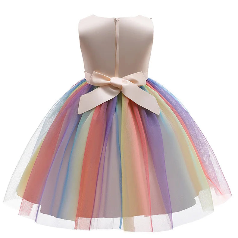 Vestido de princesa flor de lantejoulas para meninas 3-12 anos vestido de laço elegante colorido de renda de malha carnaval festa de aniversário apresentação