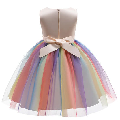 Vestido de princesa flor de lantejoulas para meninas 3-12 anos vestido de laço elegante colorido de renda de malha carnaval festa de aniversário apresentação