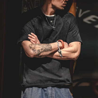 Japanese Vintage Heavyweight Henley T-Shirt Men Distressed Loose Short Sleeve Tops Casual Button Cotton Washed Tee Shirts