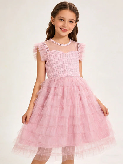 Summer Large And Medium Size Girl's Sleeveless Round-Neck Netting Patchwork Dress Sweet Dreamy Cake Puff Skirt Dress