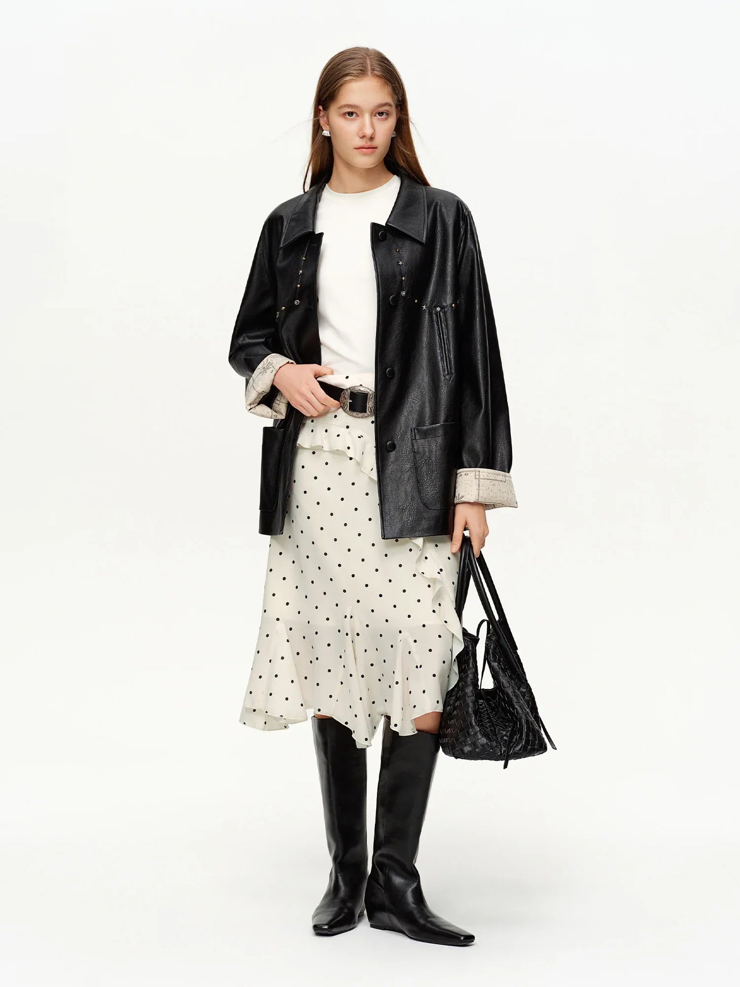 Irregular Ruffle Polka Dot Midi Skirt New Spring High-waisted A-line Skirt for Commuting Knee-length Trendy Korean Style