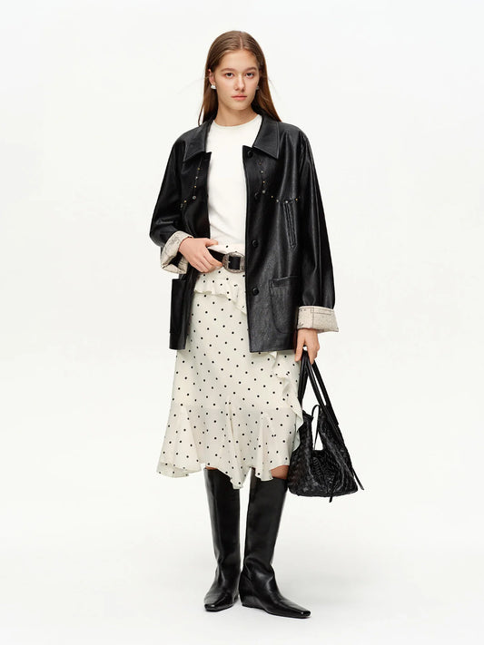 Irregular Ruffle Polka Dot Midi Skirt New Spring High-waisted A-line Skirt for Commuting Knee-length Trendy Korean Style