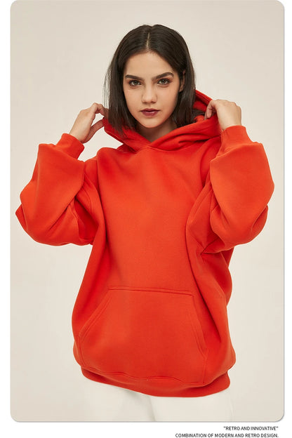 Thick 350gsm Fleece Hooded Hoodies For Men Unisex Winter Oversized Loose Basic Solid Sweatshirts Pullovers Coats HY0631