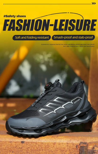 Shock Absorbing Safety Shoes for Men Steel Toe Lightweight Work Boots for Factory & Warehouse Rotary Button Indestructible Shoes