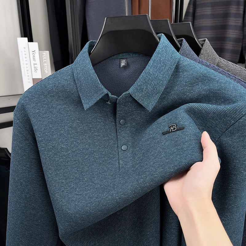 Fashion brand men's long sleeve polo shirt soft plush warm comfort new letter embossed solid color business casual lapel T-shirt