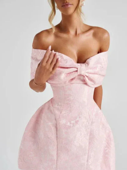 Fashionable And Sweet Slim Fit Jacquard Strapless Tie Bow One Shoulder Short Skirt American Sexy Temperament Solid Color Dresses