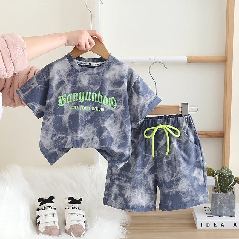 New Summer Baby Boys Girls Clothes Cotton Short Sleeve Printe Sports T Shirt Shorts Children Clothing Tracksuits Set 0-5 Years