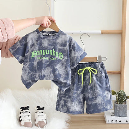 New Summer Baby Boys Girls Clothes Cotton Short Sleeve Printe Sports T Shirt Shorts Children Clothing Tracksuits Set 0-5 Years