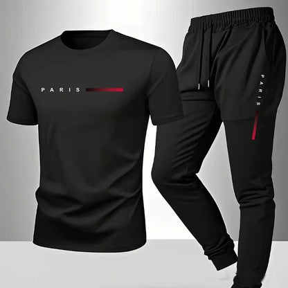 PARIS Men s casual suit spring and summer new style letter print American trend sports fashion short sleeved pants two-piece set
