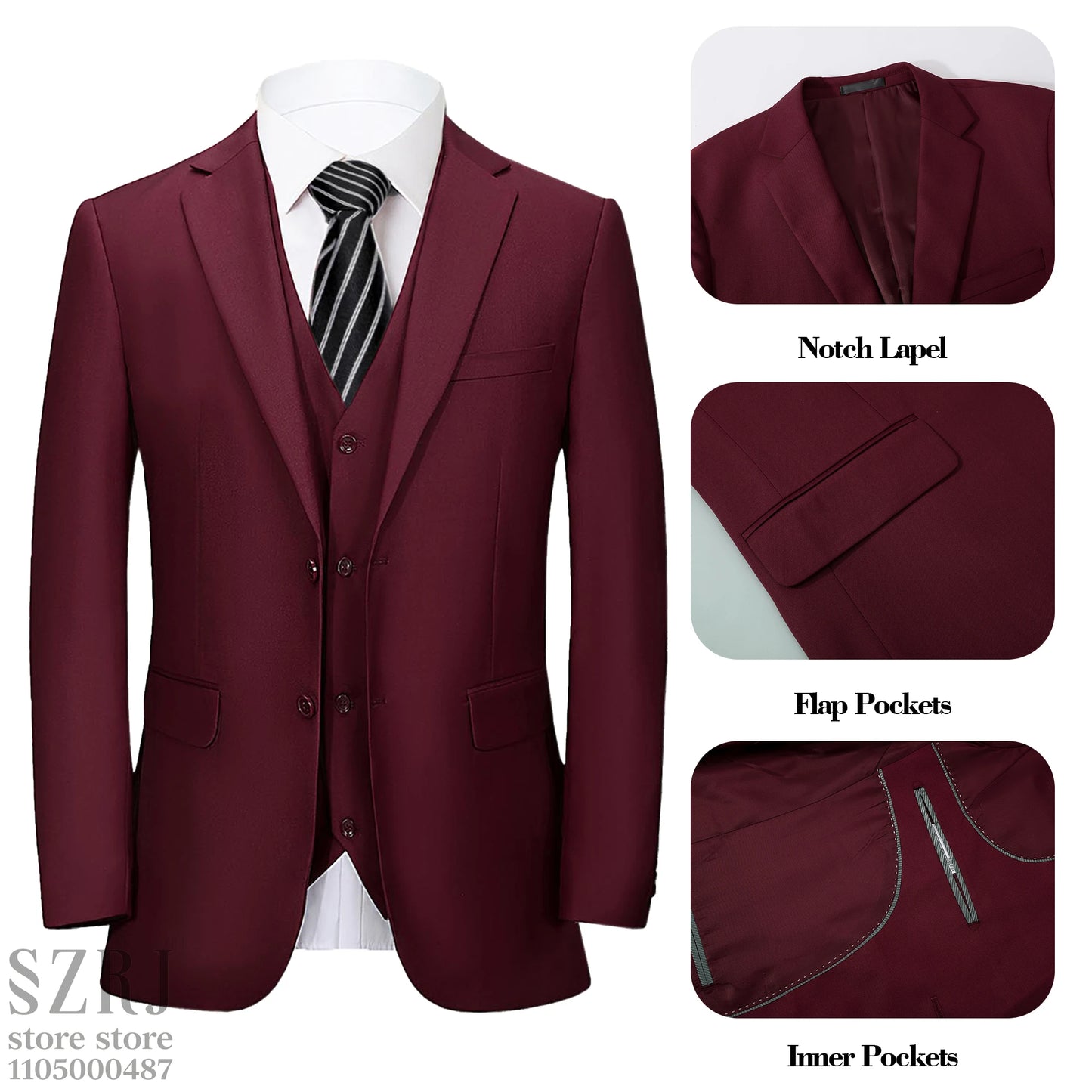 Men's 5-Piece Business Suit Set: Jacket+Vest+Pants+2 Bow Ties (Red+Blue).Premium, Tailored， For Parties, Weddings, Business.