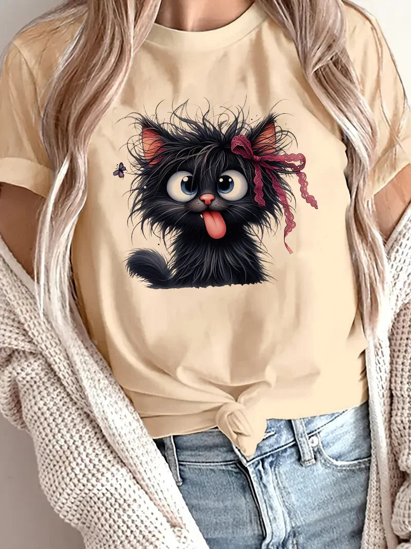 Women's Funny Fried Cat Cartoon T-Shirt with Playful Bow Butterfly Print  Women's Casual  Short Sleeve T Shirt Clothing Top Tee