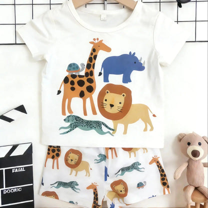 Boys’ zoo print two-piece set: fresh tee + loose shorts, cover kids’ comfort and natural playfulness