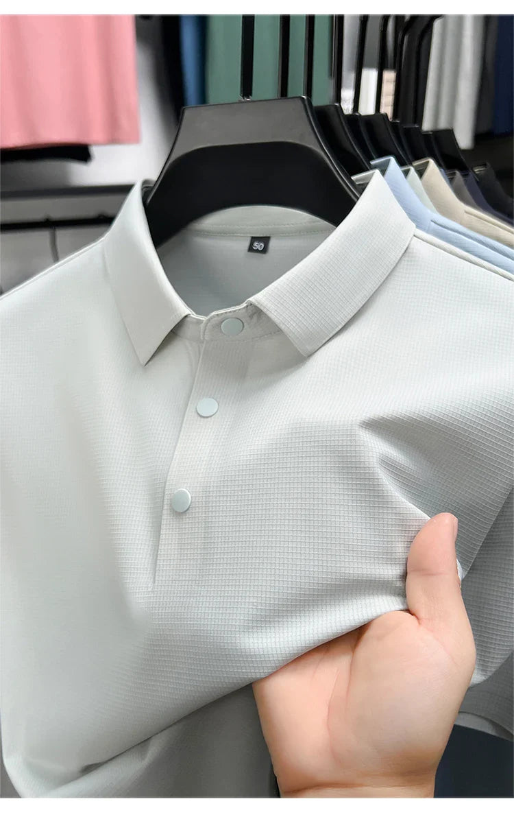 Summer Short Sleeve T-Shirt - Premium Jacquard Spandex, 7A Antibacterial, Seamless, Contrast Color, Split Hem, Wrinkle-Free Polo