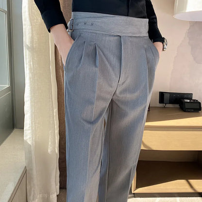 Men British Style Suits Pants New Male Solid High Waist Trousers High Quality Men Formal Slim Fit Business Casual Suit Pants