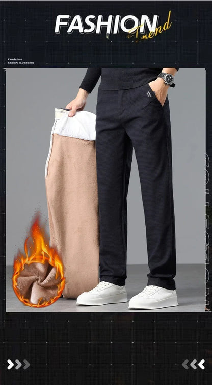 Fleece Men's Casual Pants 2025 Winter New Soft Fashion Business Velvet Slim Trousers Stretch Thick Classic Plush Male Pants