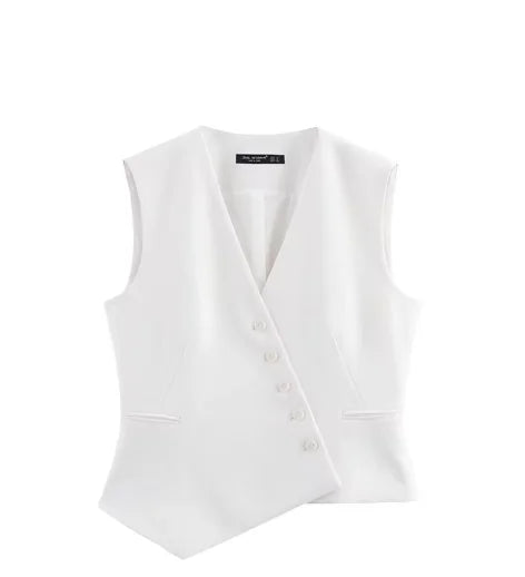 Casual Women Solid Tops Asymmetric V-Neck Single Breasted Pockects Sleeveless Vest Fashion 2025 Autumn Blazer Tops