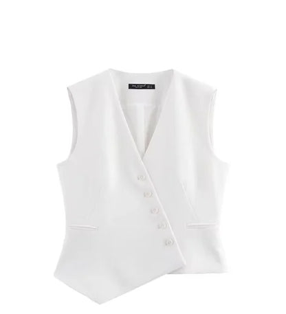 Casual Women Solid Tops Asymmetric V-Neck Single Breasted Pockects Sleeveless Vest Fashion 2025 Autumn Blazer Tops