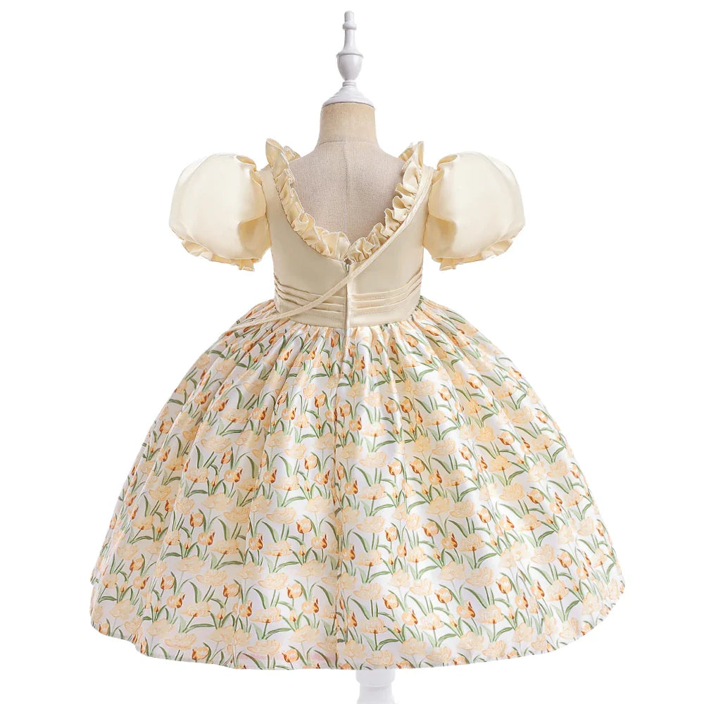 Summer Girls Dress With Bag Elegant Kid Floral Print Princess Party Dresses For Girl Children Costume Birthday Wedding Prom Gown