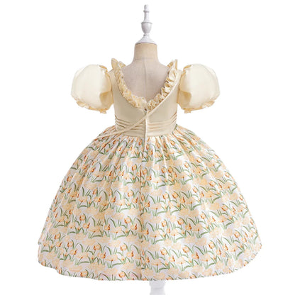 Summer Girls Dress With Bag Elegant Kid Floral Print Princess Party Dresses For Girl Children Costume Birthday Wedding Prom Gown