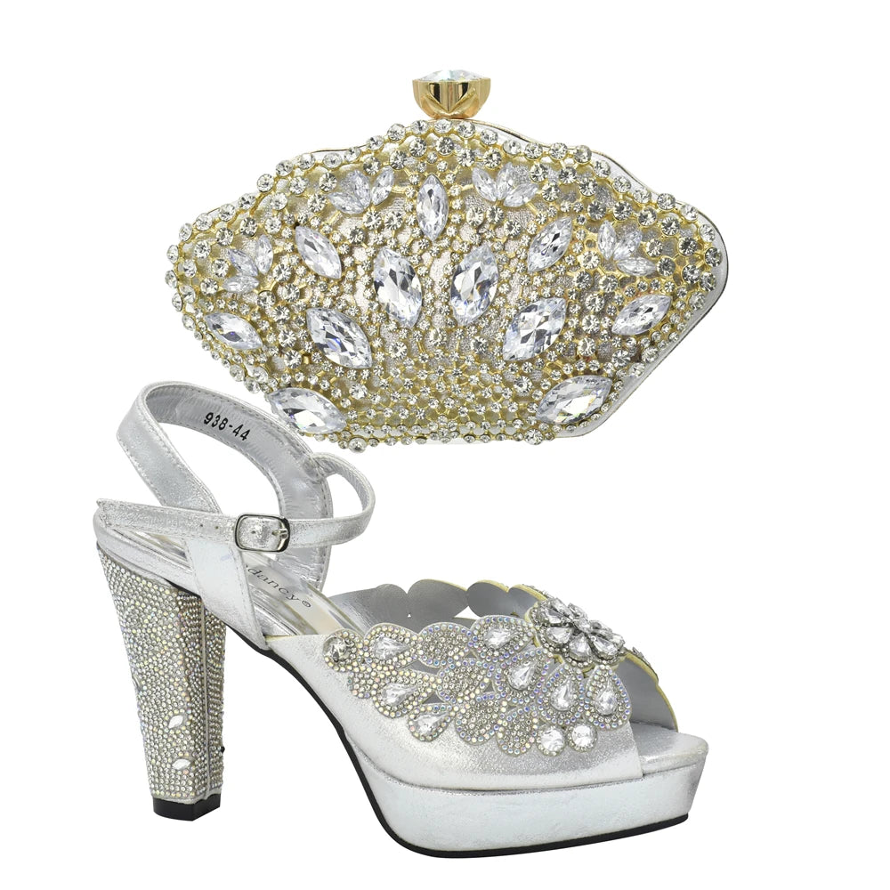 New Arrival Italian Party Shoes and Bag Set Decorated with Rhinestone African Women Wedding Shoes Bride Plus Size Women Shoes 43
