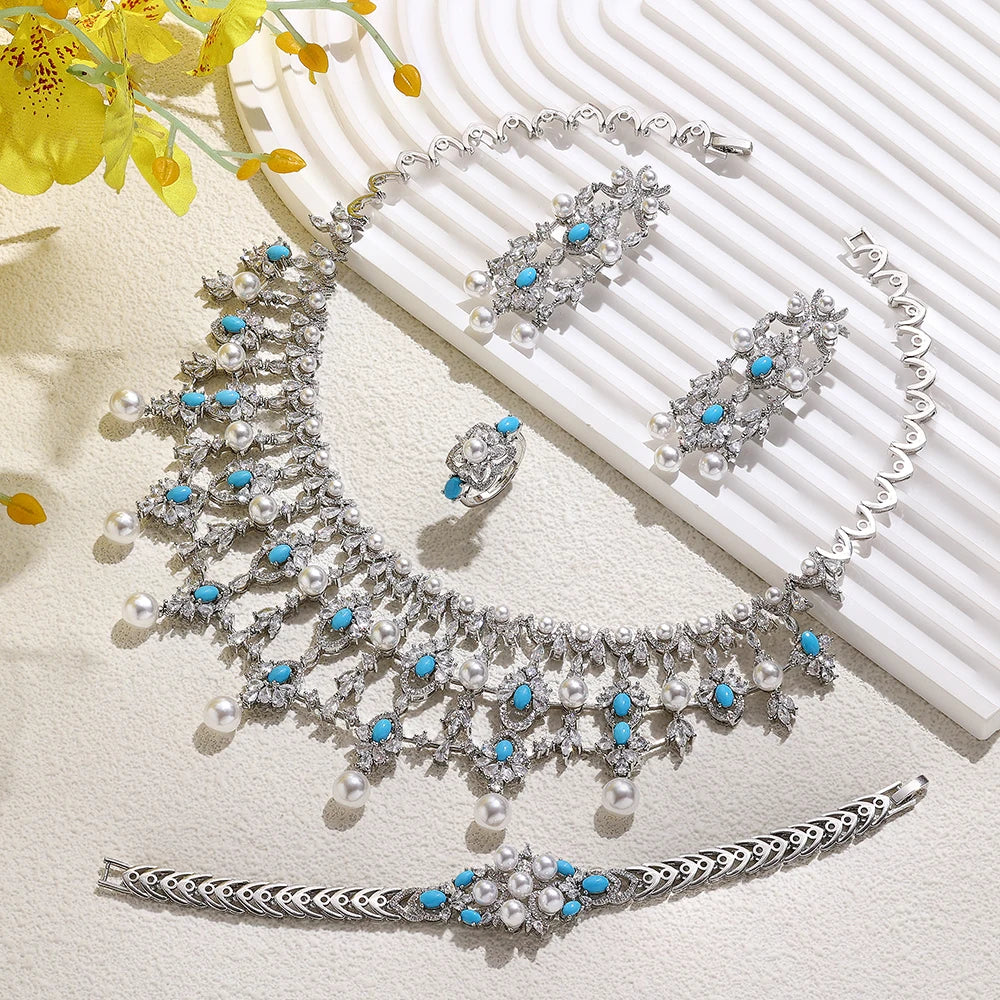 2024 New Pearl Jewelry Sets For Women Wedding Party Accessories Luxury CZ Dubai African 4-piece Bridal Jewelry Set