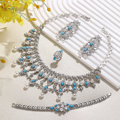 2024 New Pearl Jewelry Sets For Women Wedding Party Accessories Luxury CZ Dubai African 4-piece Bridal Jewelry Set
