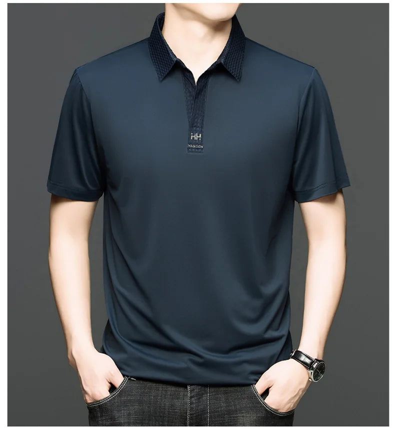 Fashion V-neck short sleeve T-shirt men's summer solid color silky smooth breathable personalized jacquard buttonless polo shirt