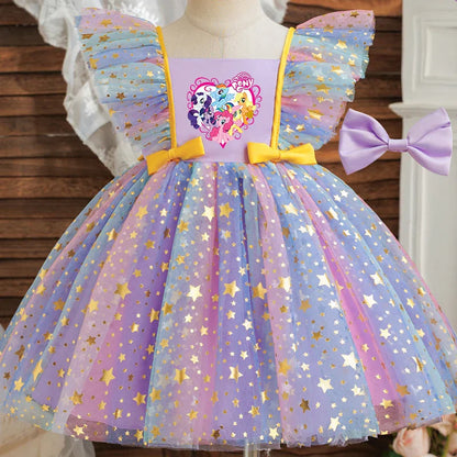 Vestido de Princesa My Little Pony para Meninas Lantejoulas Estrela Babados Laço Tutu Roupa Formal de Bebê Baile Gala Fantasia Infantil para Festas